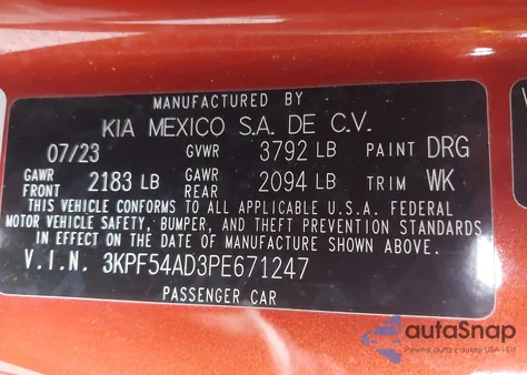 2023 Kia Forte Gt-Line from USA, damaged, VIN 3KPF54AD3PE671247
